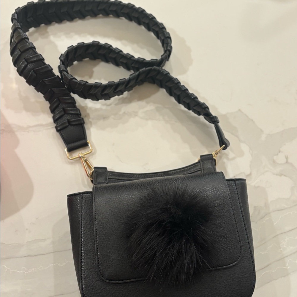 Anthropologie Black Crossbody Bag with Pom Pom